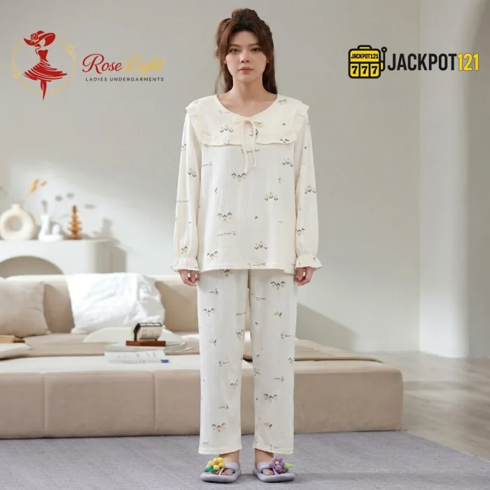 Ruffle Bow Collar Floral Cotton Pajama Set - Image 9