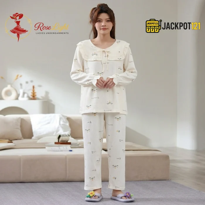 Ruffle Bow Collar Floral Cotton Pajama Set - Image 11