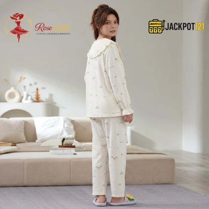 Ruffle Bow Collar Floral Cotton Pajama Set - Image 12