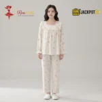 Ruffle Square Neck Printed Cotton Pajama Set with Built-In Bra Pad - Image 2