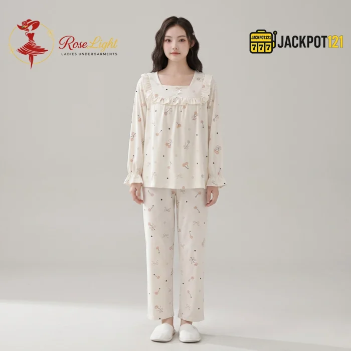 Ruffle Square Neck Printed Cotton Pajama Set with Built-In Bra Pad - Image 2