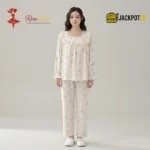 Ruffle Square Neck Printed Cotton Pajama Set with Built-In Bra Pad - Image 3