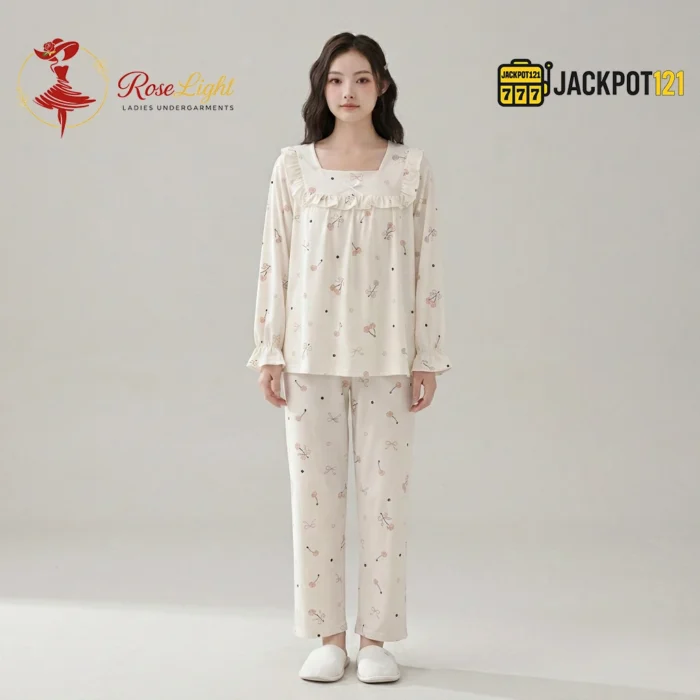 Ruffle Square Neck Printed Cotton Pajama Set with Built-In Bra Pad - Image 3