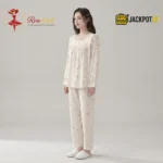 Ruffle Square Neck Printed Cotton Pajama Set with Built-In Bra Pad - Image 4