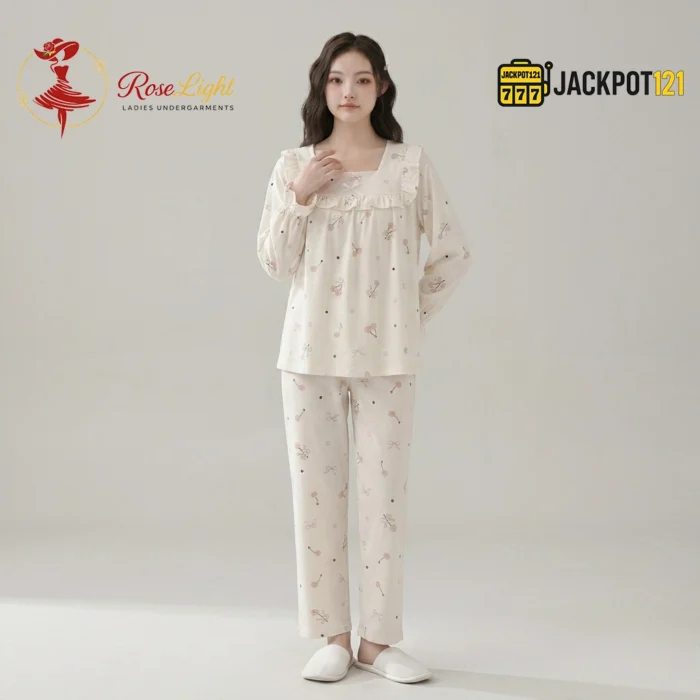 Ruffle Square Neck Printed Cotton Pajama Set with Built-In Bra Pad - Image 5