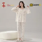 Ruffle Square Neck Printed Cotton Pajama Set with Built-In Bra Pad - Image 8