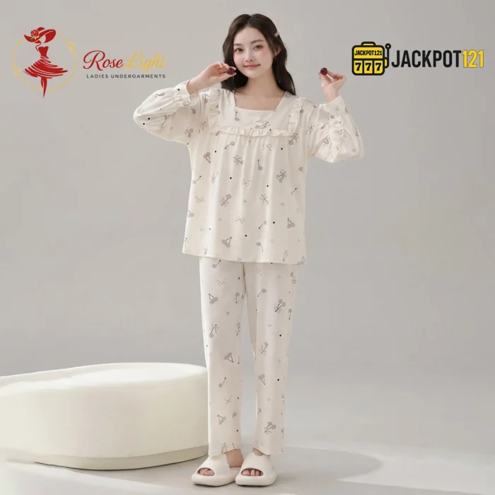 Ruffle Square Neck Printed Cotton Pajama Set with Built-In Bra Pad - Image 8