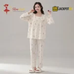 Ruffle Square Neck Printed Cotton Pajama Set with Built-In Bra Pad - Image 9