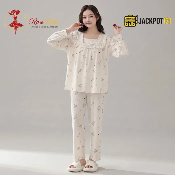 Ruffle Square Neck Printed Cotton Pajama Set with Built-In Bra Pad - Image 9