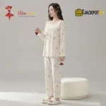 Ruffle Square Neck Printed Cotton Pajama Set with Built-In Bra Pad - Image 10