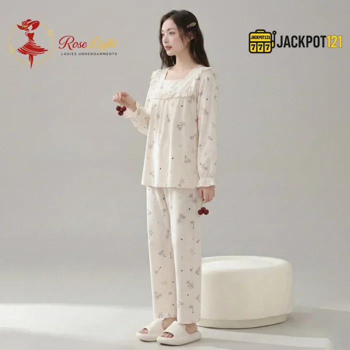 Ruffle Square Neck Printed Cotton Pajama Set with Built-In Bra Pad - Image 10
