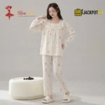 Ruffle Square Neck Printed Cotton Pajama Set with Built-In Bra Pad - Image 11