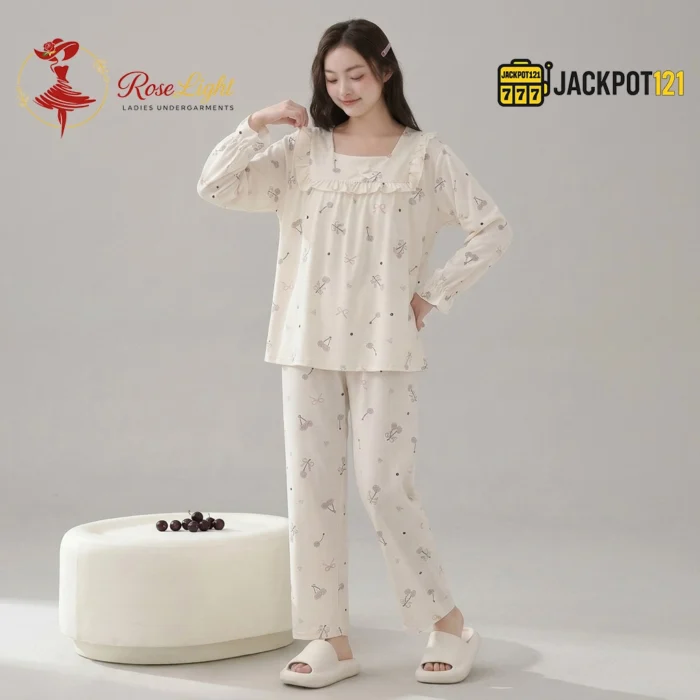 Ruffle Square Neck Printed Cotton Pajama Set with Built-In Bra Pad - Image 11