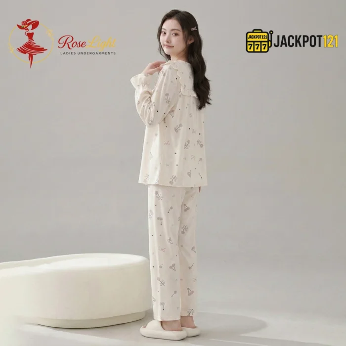 Ruffle Square Neck Printed Cotton Pajama Set with Built-In Bra Pad - Image 12
