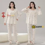Ruffle Square Neck Printed Cotton Pajama Set with Built-In Bra Pad