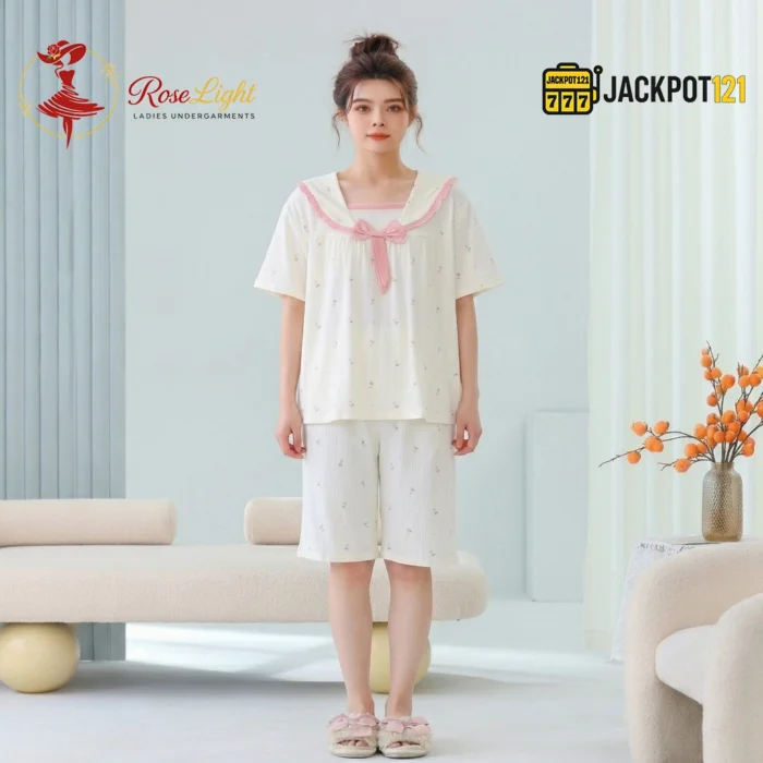Sailor Bow Collar Short Sleeve Cotton Pajama Set - Image 3