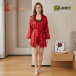 Satin Strawberry Print 3-Piece Robe Set - Image 6