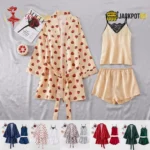 Satin Strawberry Print 3-Piece Robe Set