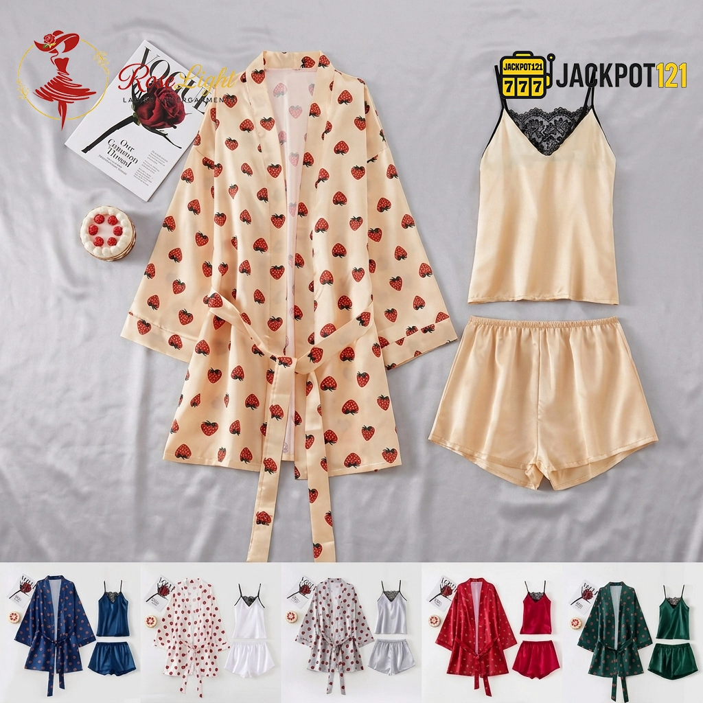 Satin Strawberry Print 3-Piece Robe Set Satin Strawberry Print 3-Piece Robe Set - Image 1