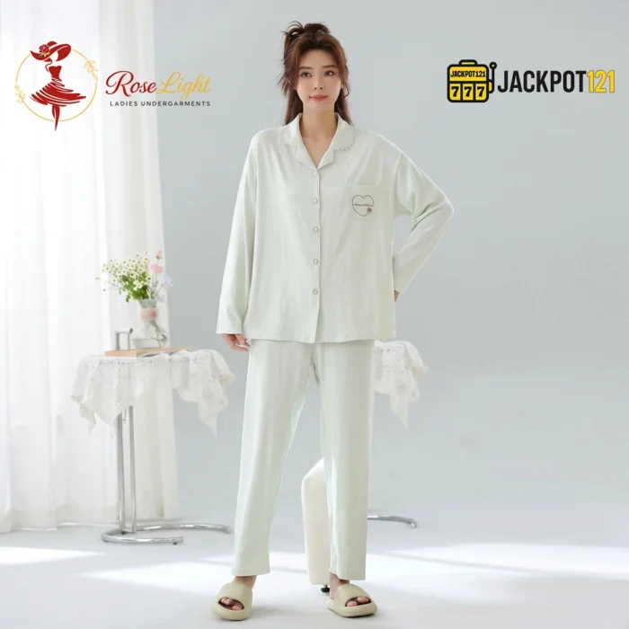 Scalloped Collar Jacquard Cotton Pajama Set - Image 2
