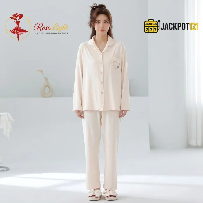 Scalloped Collar Jacquard Cotton Pajama Set - Image 8